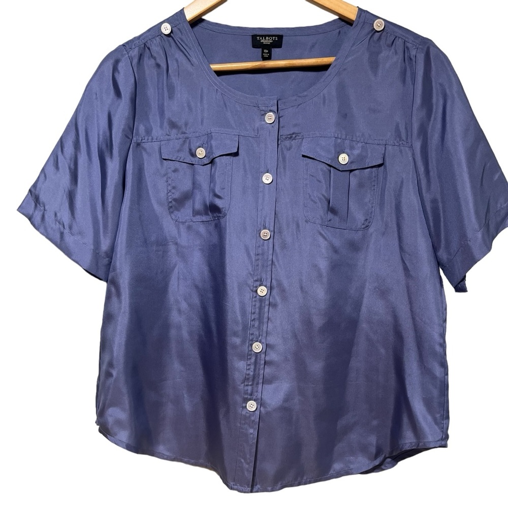 Talbots Petites 10P Blue 100%‎ Silk Short Sleeve Button Front Blouse  #170